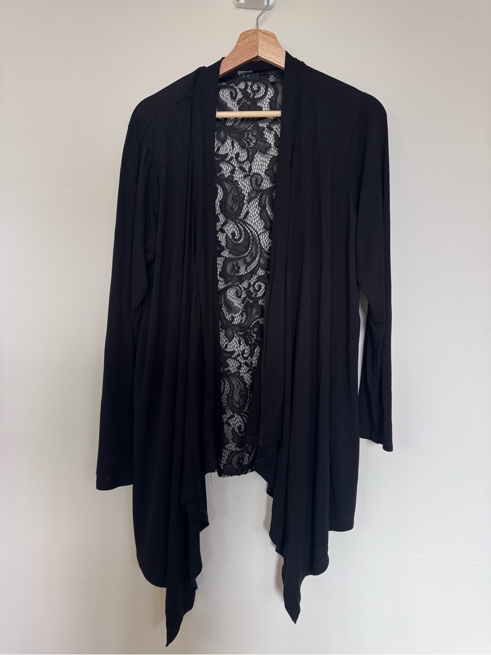 Cyrus Black Lace-Back Draped Open-Front Cardigan Size 2X